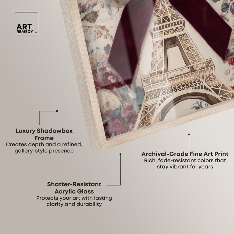 Delicate Eiffel Tower Glam Art Shadowbox Print par Art Remedy, H 31 po x l 21 po, Crème, crème