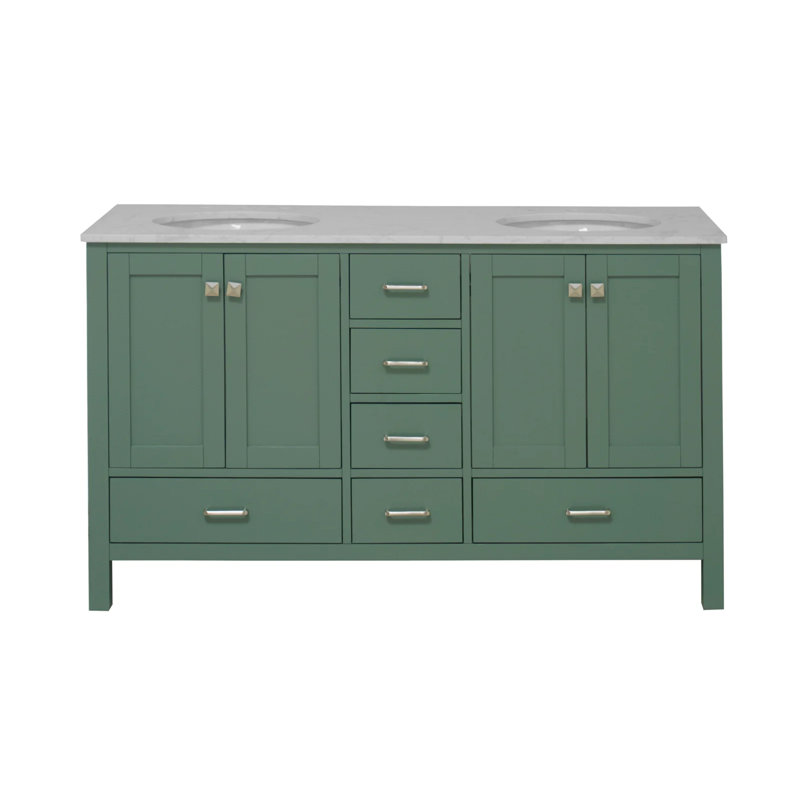 Ensemble de meuble-lavabo double 60 po Claudett, Vert sauge, Carrara d'ingénierie