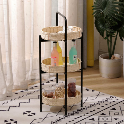 3-Tier Tray Table, Paper Rope Woven, Storage Basket for Living Room - Natural