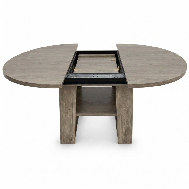 Table de salle à manger ronde extensible de 110 à 150 cm pour 4 à 6 personnes, table de cuisine ronde transformable en ovale avec rallonge intégrée rabattable, piètement stable en forme de H et tablette de rangement, grise