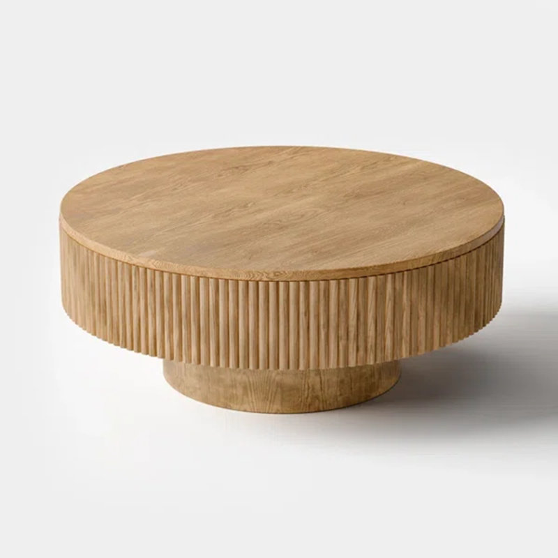 Sharna Pedestal Round Coffee Table, Handcrafted Solid Wood Fluted Design, Natural, 13.78"H x 35.04"W x 35.04"D