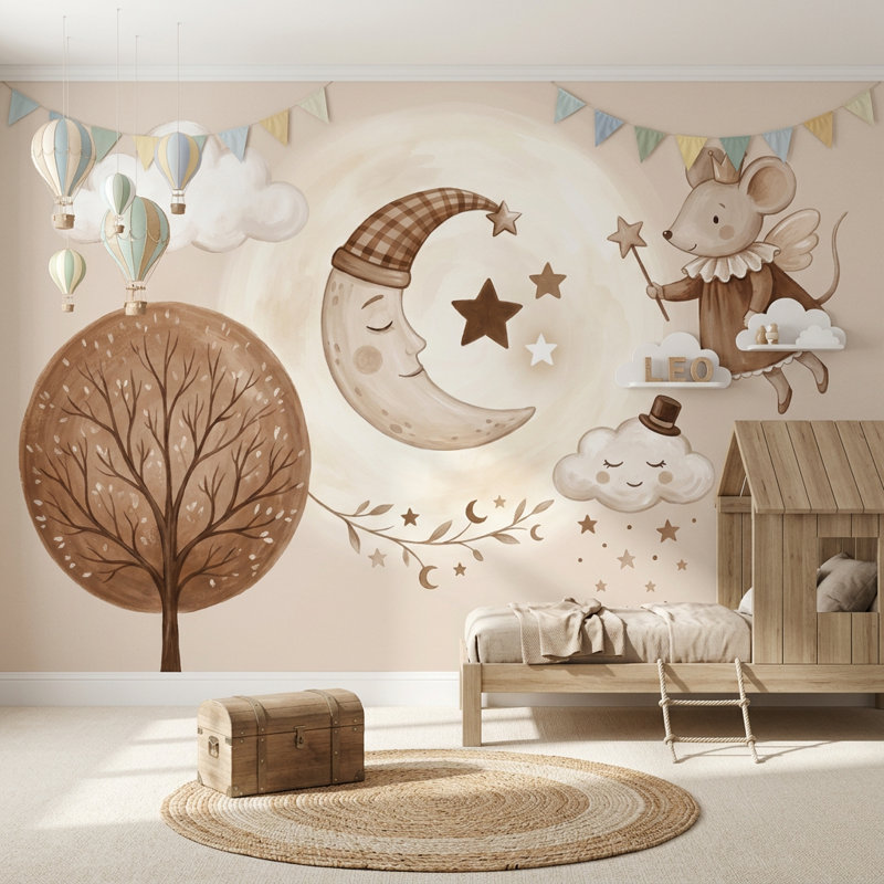 Papier peint beige avec nuages décoratifs Dreamy Nursery Moon and Stars, 200 po x 120 po, Peler et coller