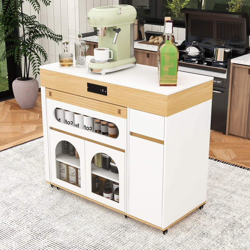 Versatile Extendable Kitchen Island Cart with Built-In Power Outlet, Ample Storage and Lockable Wheels, Creamy White/Natural