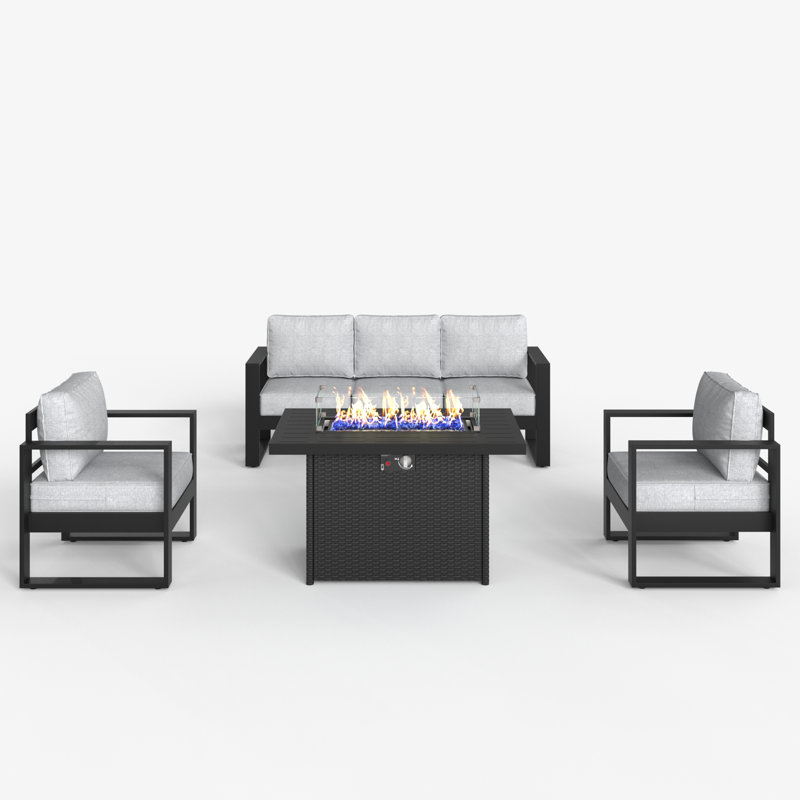4 Piece Sofa Seating Group With Cushions, Light Grey/Black