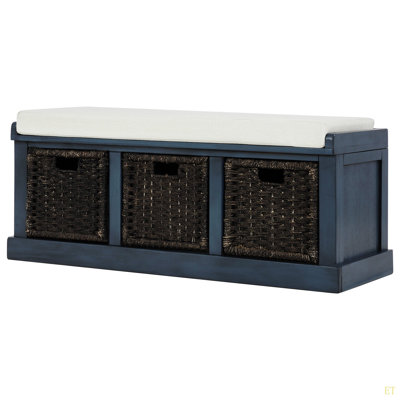 Rustic Storage Bench With 3 Removable Classic Rattan Basket , Entryway Bench With Removable Cushion