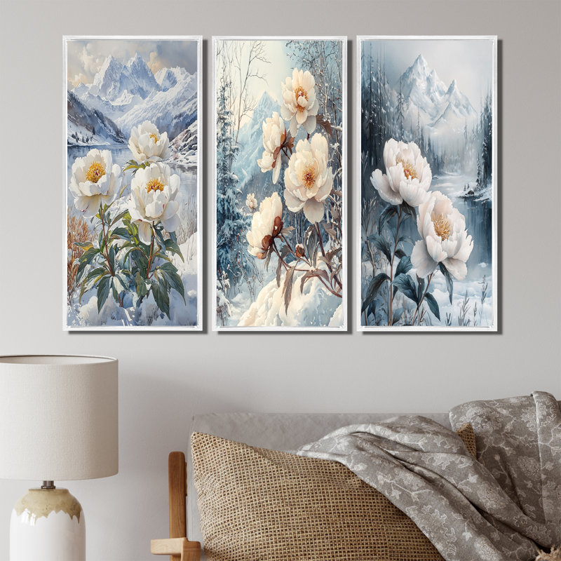 Pivoine enneigée dans la forêt I - Collection d'art mural grand pivoines, H 40 po x l 60 po, Impression encadrée flottante