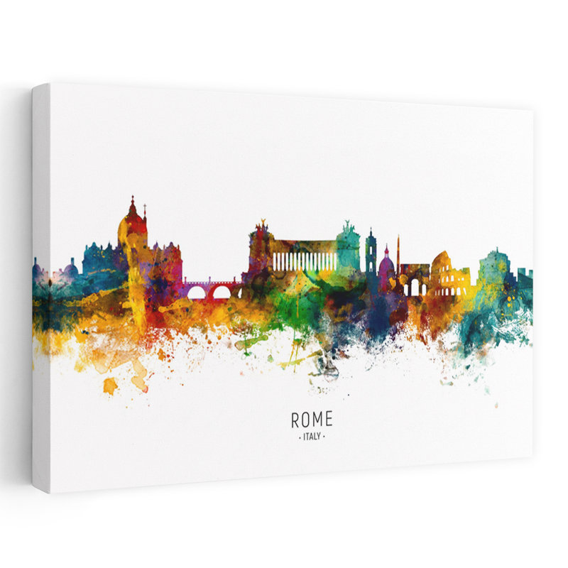 Rome, aquarelle, horizon, architecture contemporaine, art mural, H 24 po x l 36 po