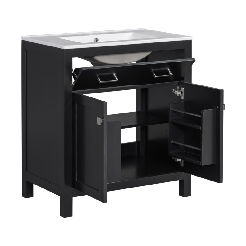 Ensemble de meuble-lavabo moderne noir avec lavabos doubles, lavabos en céramique, tablette réglable, portes à fermeture en douceur et tiroir rabattable