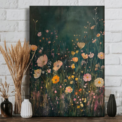 Blooming Poppies and Cosmos Floral Meadow Painting on Wrapped Canvas - 36" H x 24" W