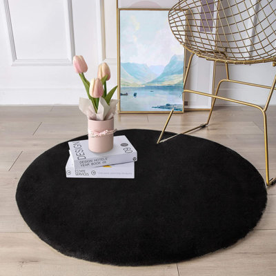 Tapis noir en fausse fourrure de lapin fantaisie de luxe moelleux et moelleux pour tapis de chambre à coucher