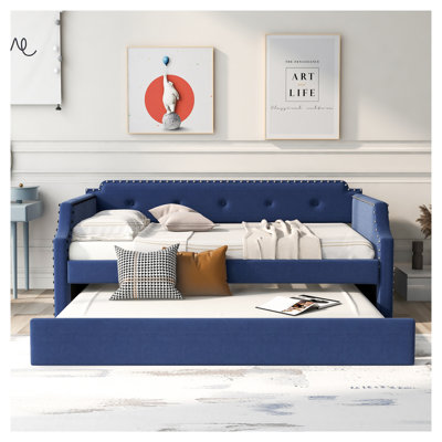 Blue Linen Upholstered Daybed with Trundle and Wood Slat Support