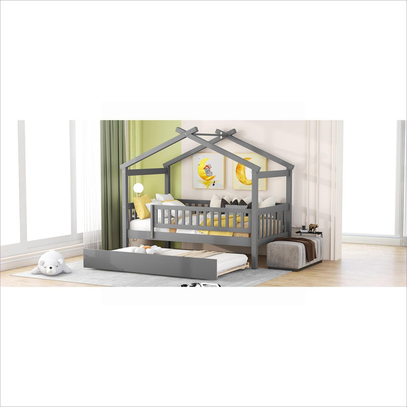 Lit plateforme simple House, en bois massif gris neutre avec lit gigogne supplémentaire