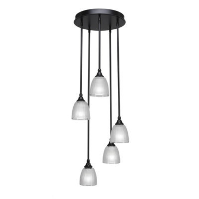 Shamar 5 Light Stem Hung Cluster Pendalier Shown In Matte Black Finish With 5" Clear Ribbed Glass