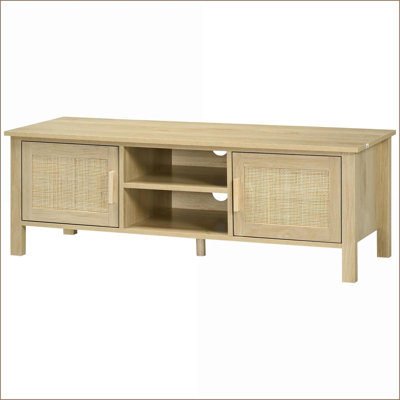Meuble télé 60 pouces avec portes en rotin et amp; Rangement | Bois naturel | Taille du téléviseur: 60 à 69 pouces