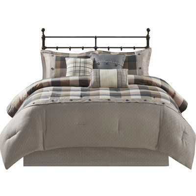 Neutral King Comforter With 7 Pieces, Herringbone Fabric, Buffalo Plaid Style, , Comprises Comforter, Shams, Decorative Pillows, Bed Skirt, Machine Washable For King, Palette, Filled, With Dazzlingly