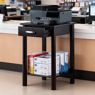 Home Office Printer Stand With Large Storage Shelf, Solid Wood Construction, Modern Espresso Finish For All-In-One Printers And Office Equipment