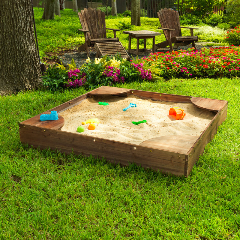 Wooden Backyard Sandbox with Built-in Corner Seating and Mesh Cover, Espresso