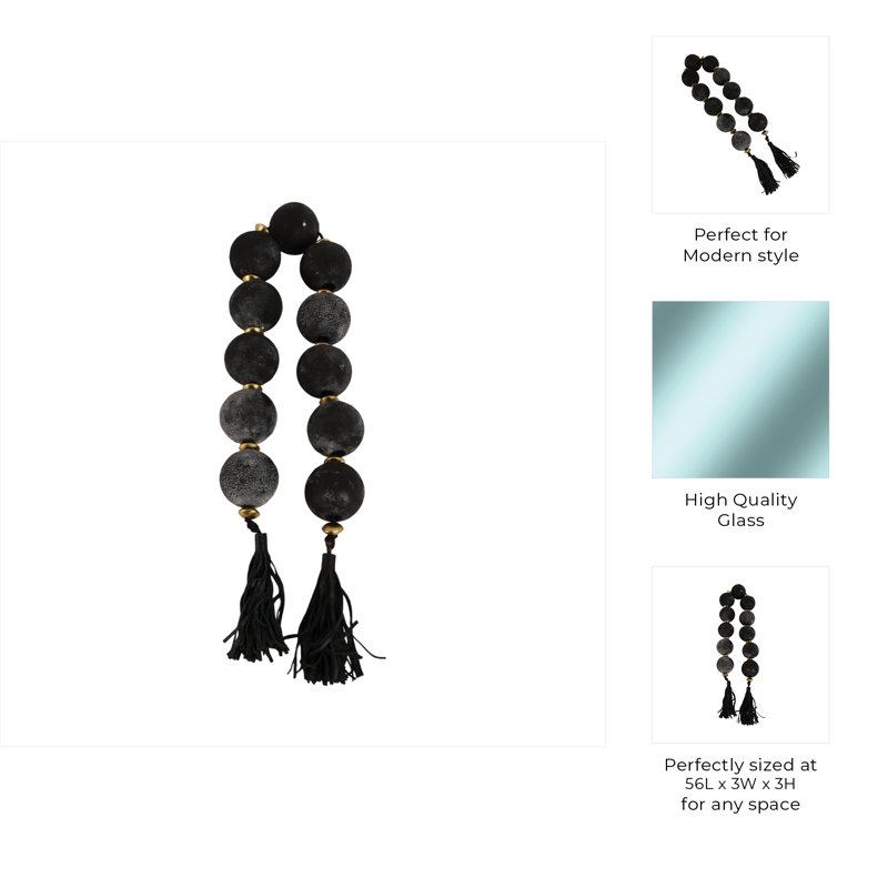 Decorative Glass Beads with Metal Accent and Leather Tassel for Home Decor - Elegant Garland for Table, Shelf, and Living Room Decoration - Black & Gold