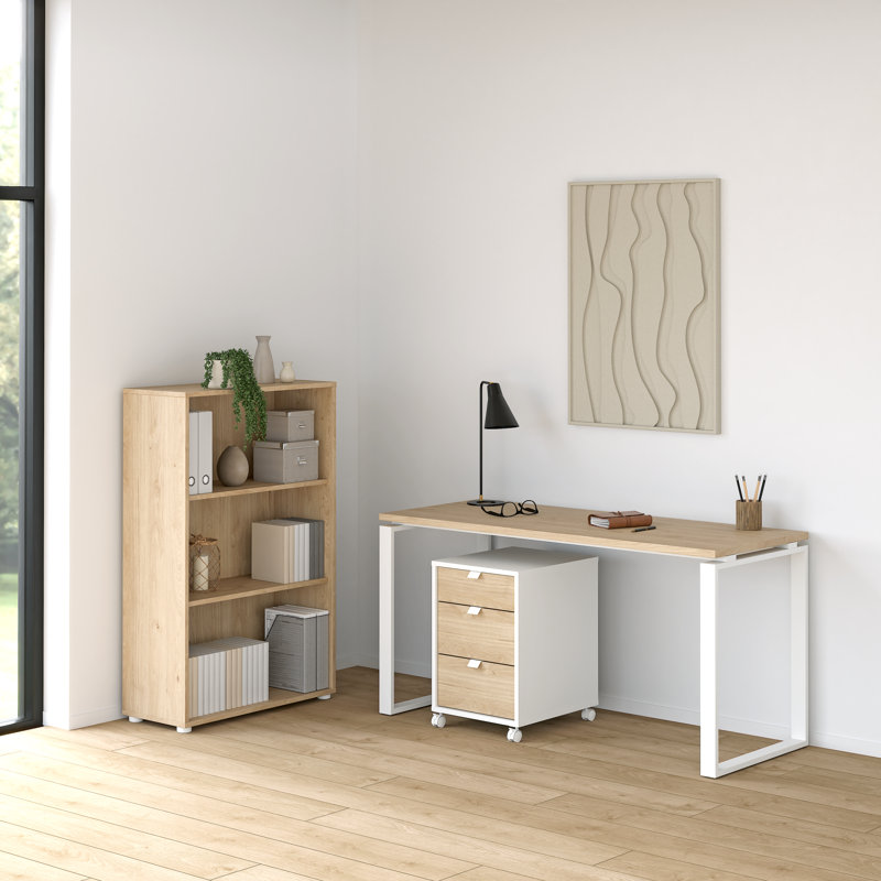 Armoire mobile 3 tiroirs, bureau d'écriture 59 "avec pieds en acier et bibliothèque à 3 tablettes Abba, Beige / Blanc
