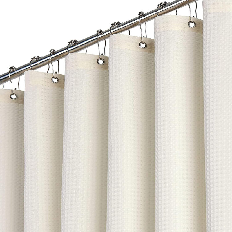 Extra Wide 275 x 182 cm Waffle Shower Curtain with 18 Plastic Hooks, White, Cream Plaid
