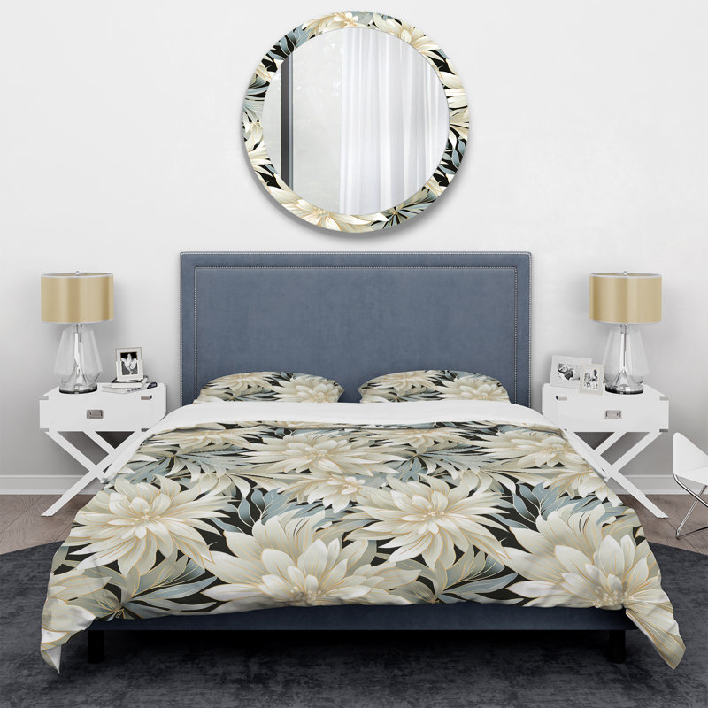 Ensemble de housse de couette à motif floral exotique gris et blanc, Housse de couette pour grand lit et 2 taies décor