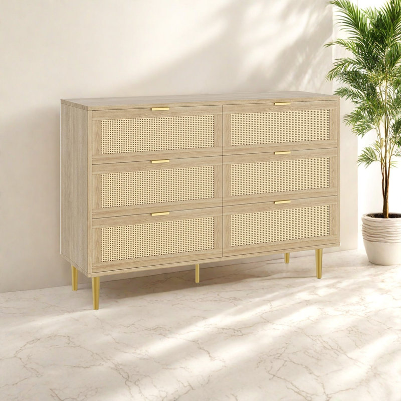 6 Drawer Dresser, Rattan Chest of Drawer, Farmhouse Wooden Dresser with Metal Legs, Wide Double Drawer Dresser, Large Drawer Unit for Bedroom, Living Room, Nursery