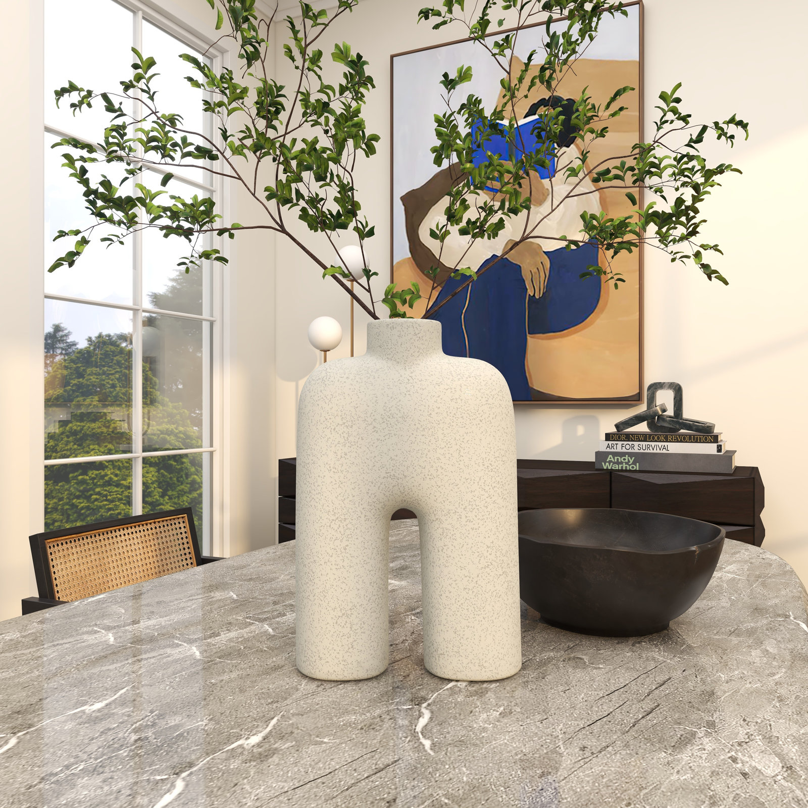 Sharee Stoneware Table Vase, White, 13.45" H x 8.55" W x 3.5" D