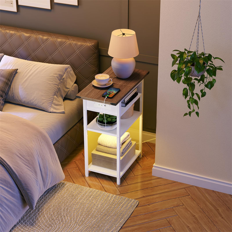 LED Narrow Nightstand With Charging Station Side Table