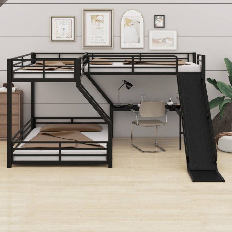 Lit superposé en L avec lit mezzanine, glissade et ports USB