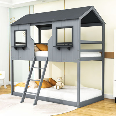 Twin Over Twin Wooden Playhouse Bunk Bed With Roof, Window And Guardrail