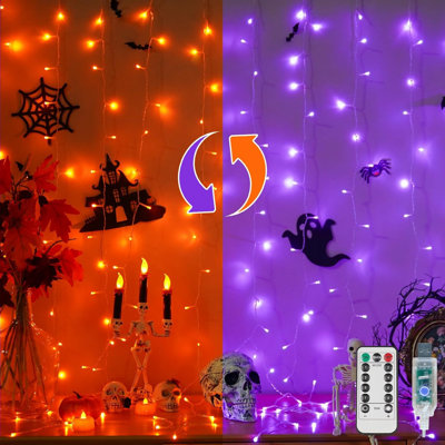 Color Changing Curtain Lights for Halloween, 200 LED 6.5ft x 6.5ft Hanging String Lights with USB, Curtain Fairy Lights Indoor for Bedroom Wall, Party, Porch, Holiday, Purple and Orange