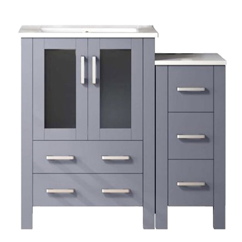 36 po Large meuble-lavabo gris foncé, comptoir en céramique, 22 miroirs, tiroirs à fermeture douce, meuble-lavabo avec capacité de rangement