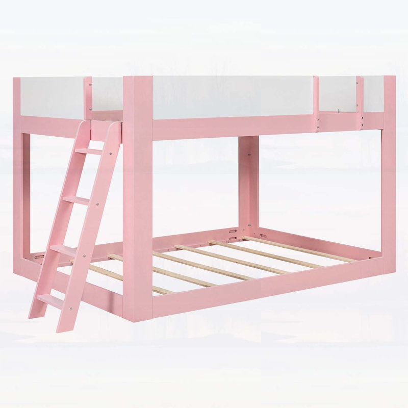 Lit superposé bas Queen Size avec échelle réversible et barrières de sécurité, rose, design gain de place, Queen, Pink