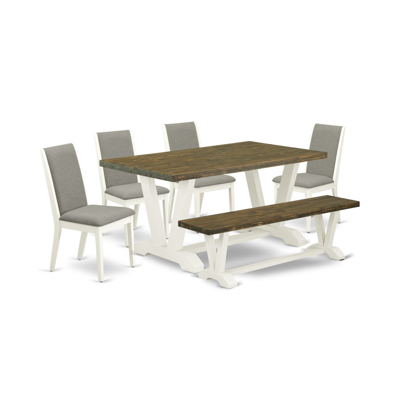 6-piece Mid Century Table Set Includes a Distressed Jacobean Dinner Table and a Kitchen Bench and 4 Dark Shitake Linen Fabric Padded Chairs with High Back - Wire Brushed Linen White
