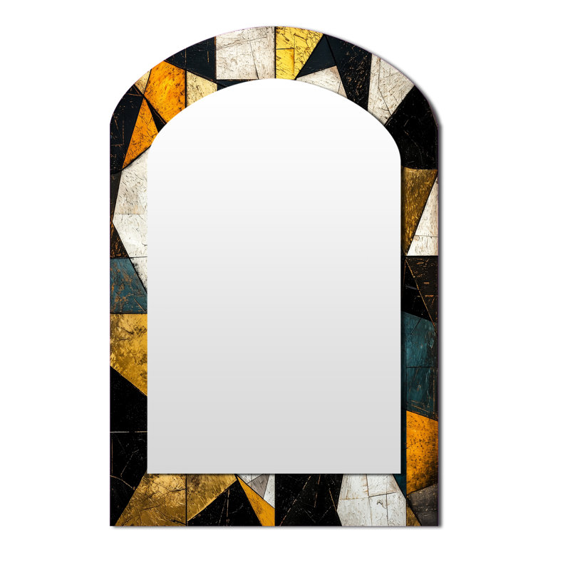Black Yellow Fragmentation Abstract Shapes III - Abstract Shapes Asymmetrical Mirror, Black Arch Decorative Wall Mirror, Printed Metal Art