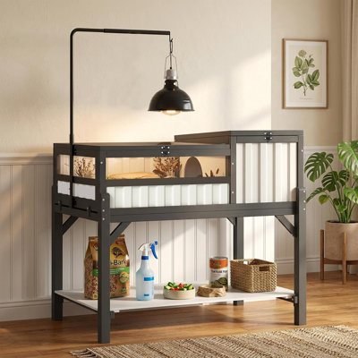 Indoor Tortoise Habitat with Two-Room Design and Adjustable Metal Lamp Stand for Tortoises and Small Reptiles