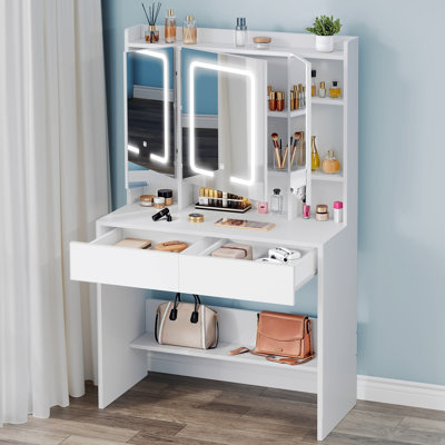 Damhan White Dressing Table with Mirror & Hidden Storage