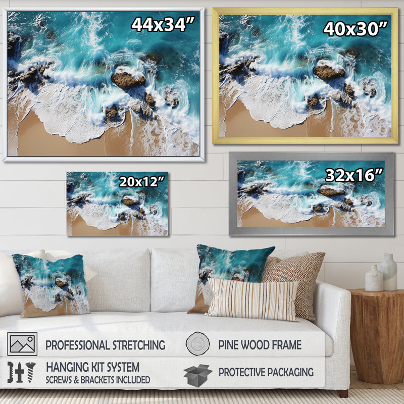 Skyblue, vagues côtières aériennes V - art mural plage, Cadre flottant noir, H 12 po x l 20 po x P 1 po