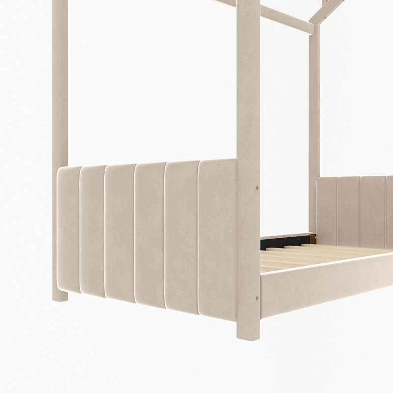 Lit simple en bois et velours, beige