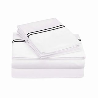 400TC Double Embroidery Sateen Solid Cotton 4 Piece Sheet Set Fitted Sheet Fits Upto 16" Deep Pocket, Black