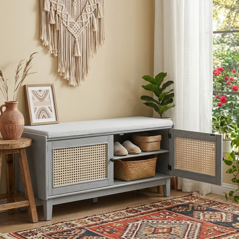 Bohemian Rattan Storage Bench with Cushion Seat Wooden Shoe Cabinet Bench for Entryway Hallway, Grey