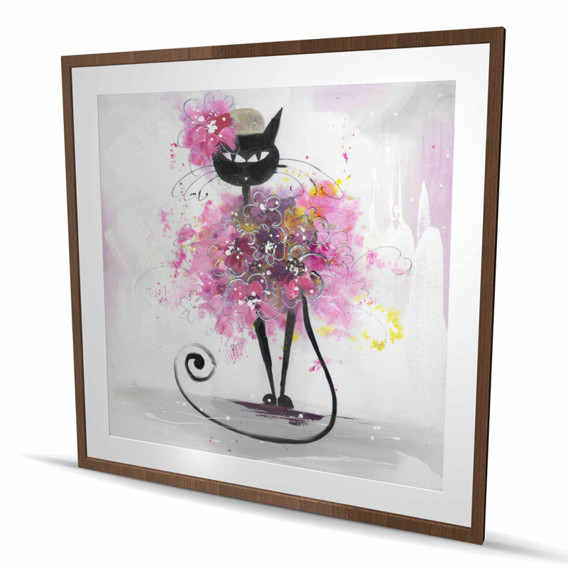 Caricature de chat avec fleurs roses - décor imprimé félin
