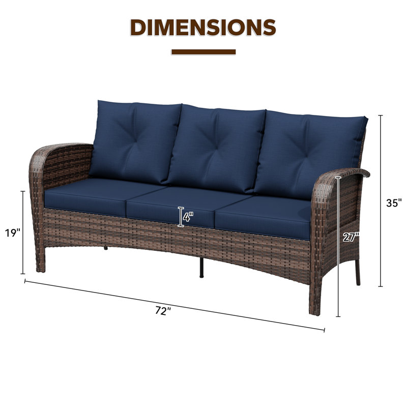 3-person Patio Rattan Sofa With Wide Armrests, Blue