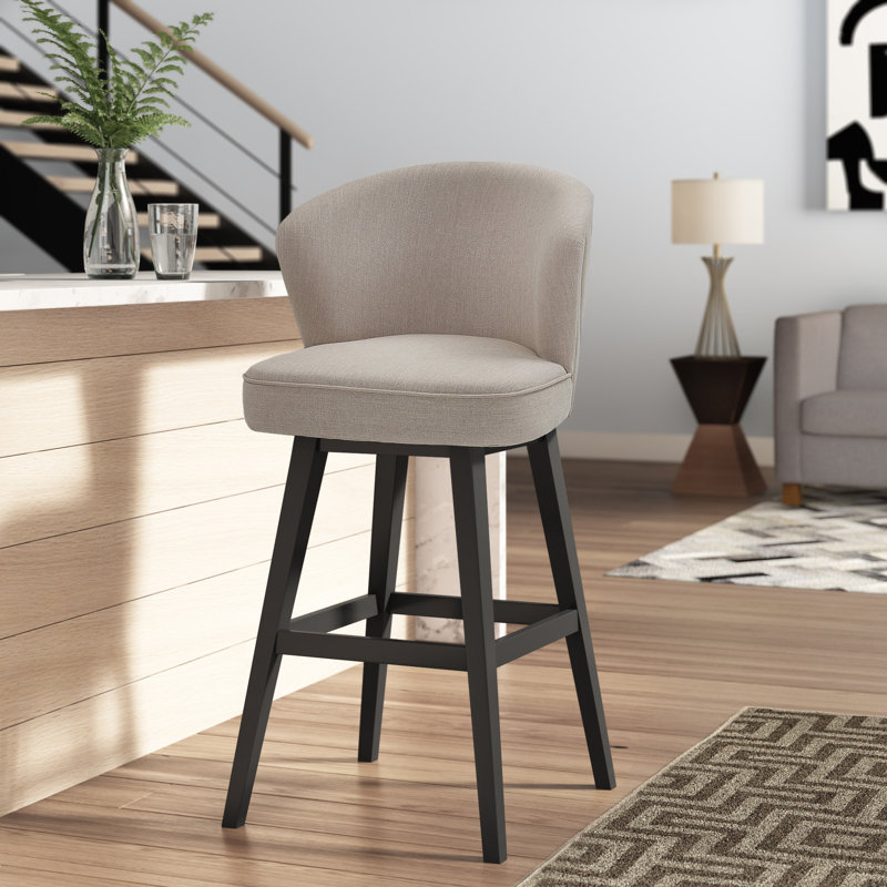Khan Swivel Counter or Bar Height Armless Bar Stool with Footrest in Fabric and Espresso Wood, Tan