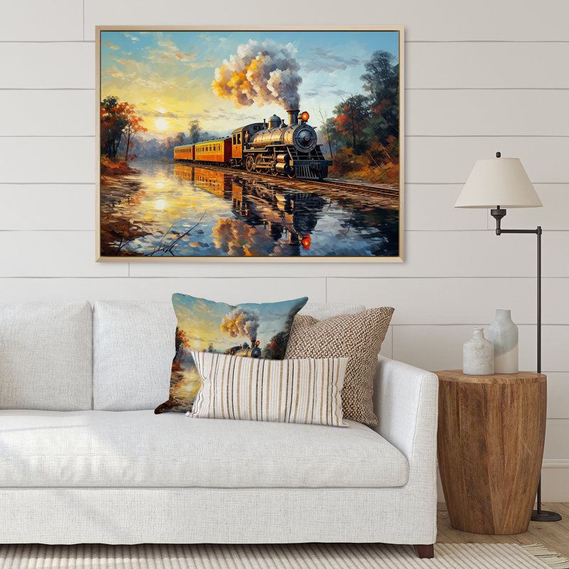 Peinture d'un train à vapeur au coucher du soleil, H 30 po x l 40 po x P 1,5 po, Cadre naturel flottant