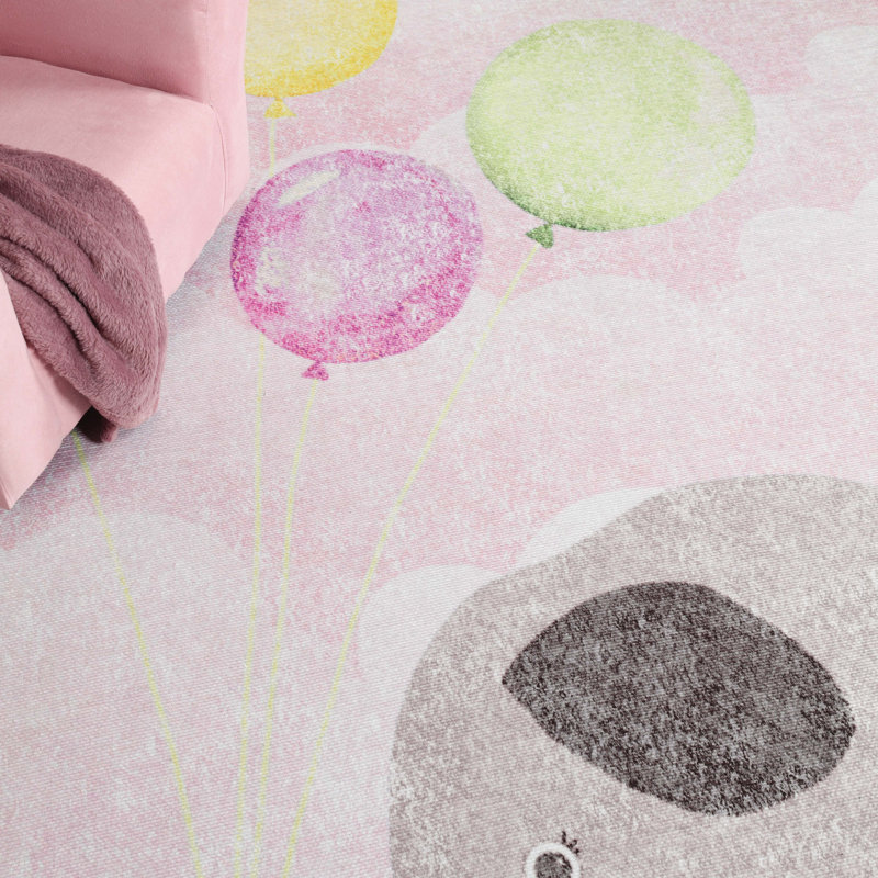 Cortes Nursery Elephant Bright Colorful Balloons Kids Indoor Area Rug, Rectangle 5' x 7'6", Pink