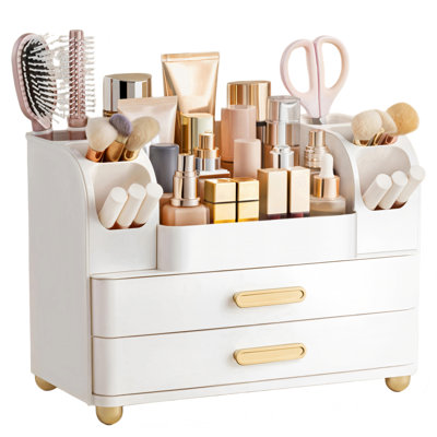 Organisateur de maquillage avec porte-pinceau, grand rangement pour cosmétiques pour comptoir de salle de bain, 1 unité (tout blanc)