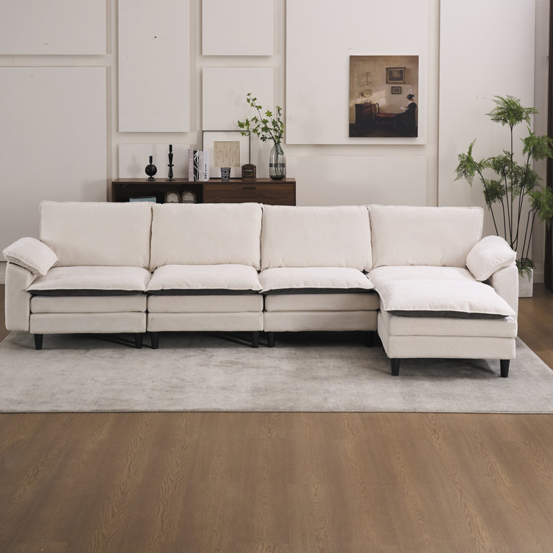 Canapé modulaire réversible en tissu chenille avec repose-pieds flottant et accoudoirs coussinés