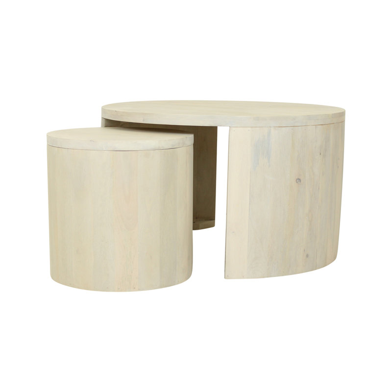 Cyrus Solid Wood Drum 2 Nesting Tables Set with Storage, White