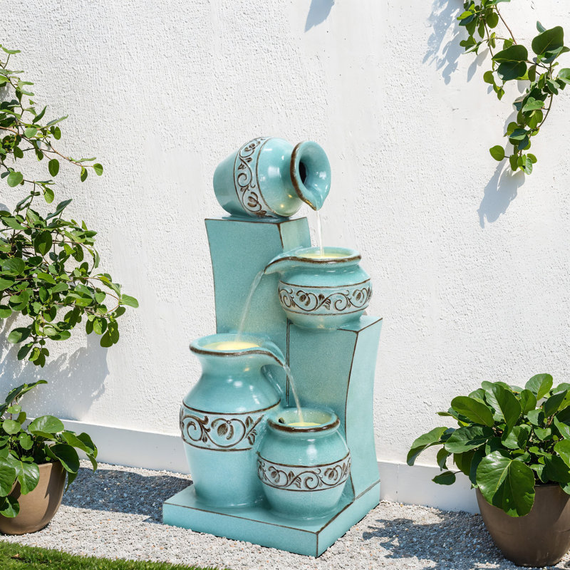 30.3'' H Modern Polyresin Outdoor Water Fountain with LED Lights, Decorative Jar Waterfall Fountain with Adjustable Flow